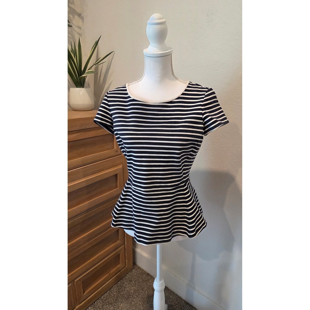 Theory Striped Peplum Top Fit and Flare Navy White Nautical Workwear Size 6